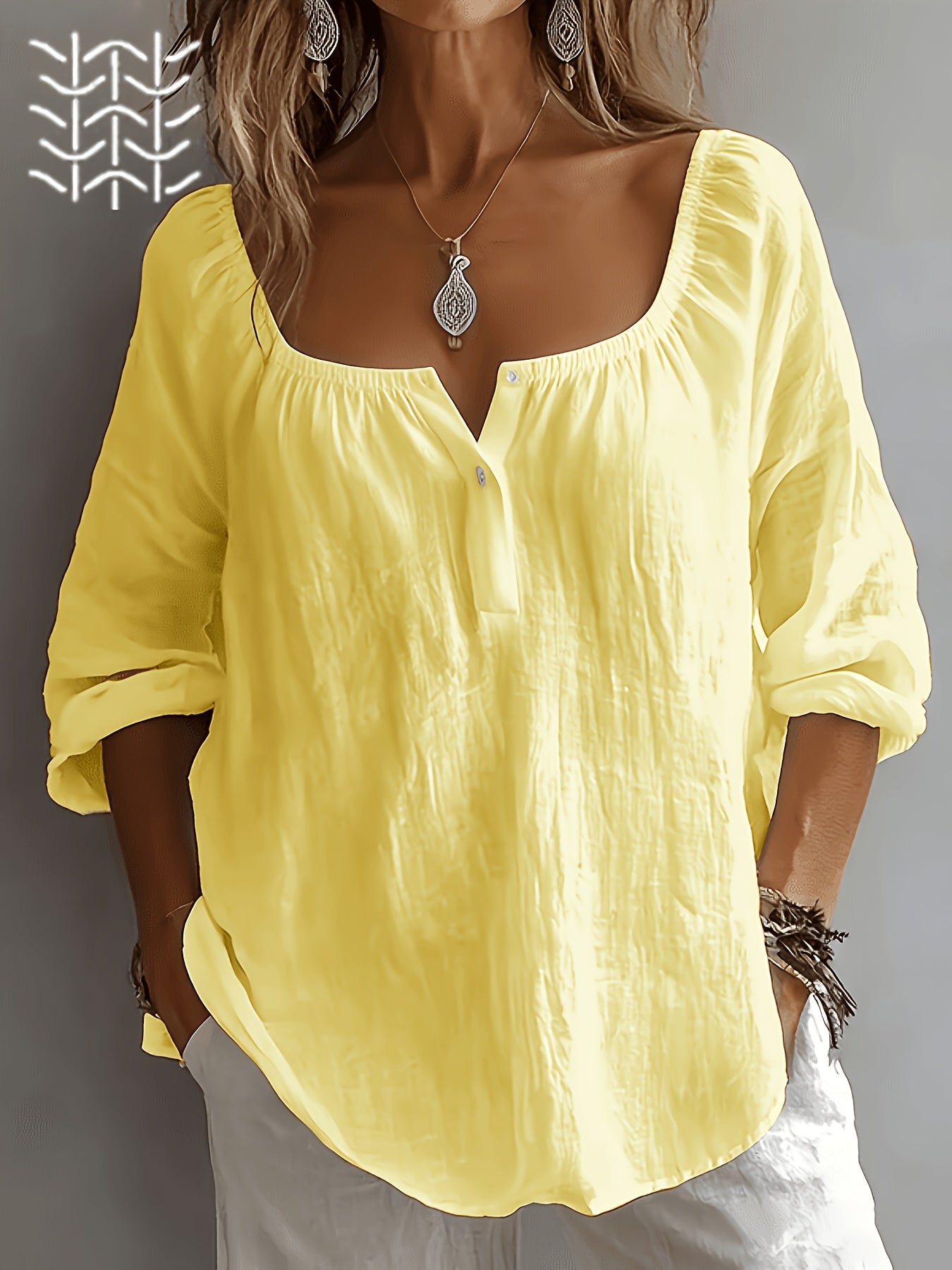 Damen Bluse – Leinenoptik & Eckiger Ausschnitt Locker Elegant