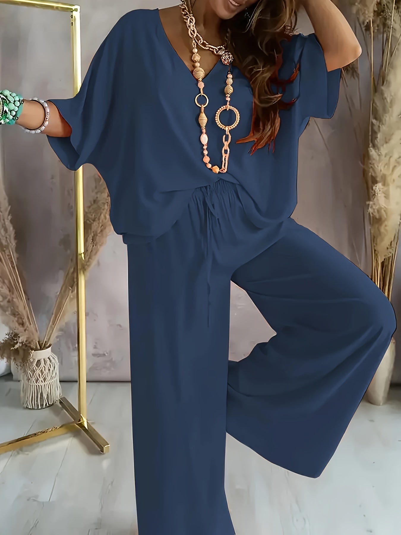 Damen Set – V-Ausschnitt & Weite Hose Lässig Elegant