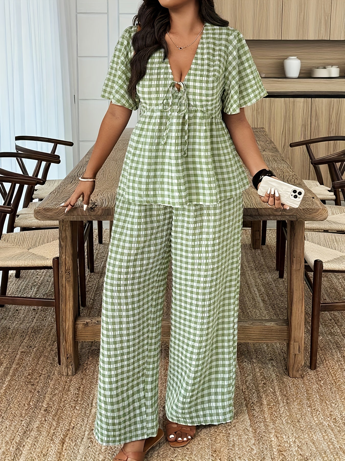 Damen Gingham Set mit Bluse und Weiter Hose