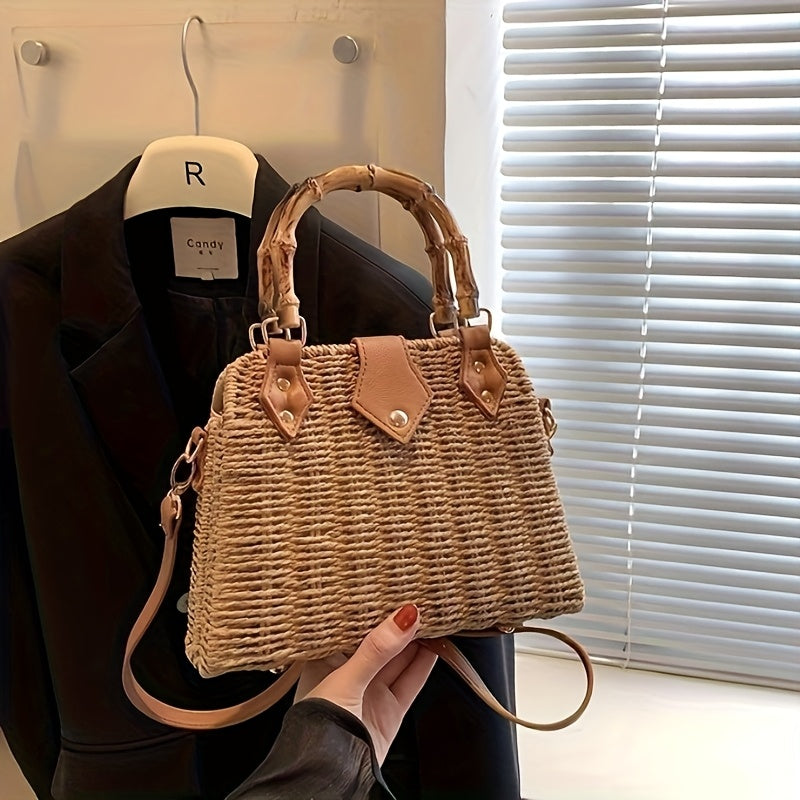 Damen Strandtasche Geflochten mit Bambusgriff