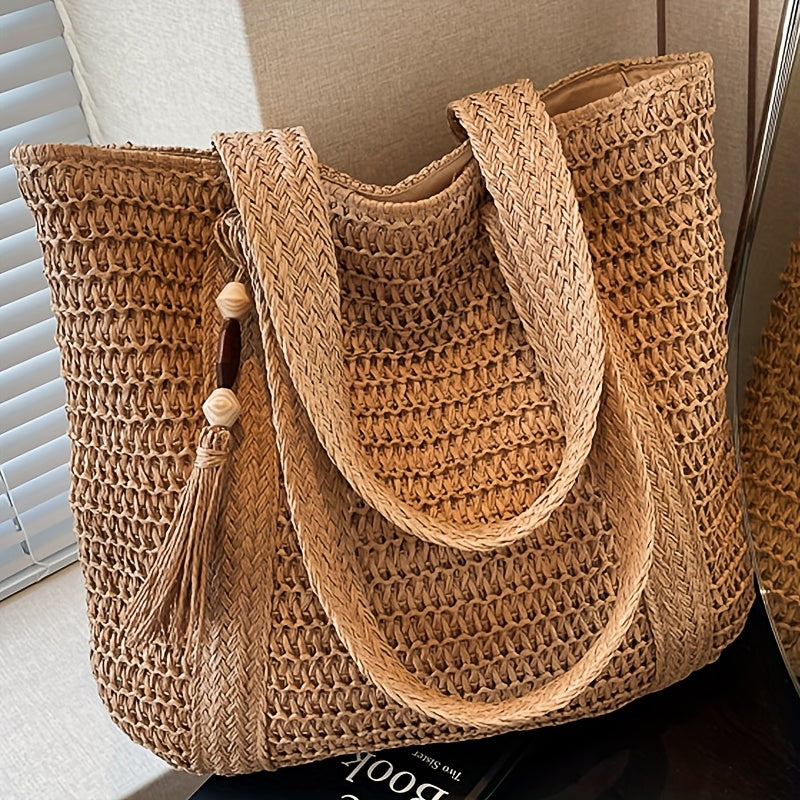 Damen Strandtasche Gewebt – Große Tote Bag mit Fransen & Reißverschluss