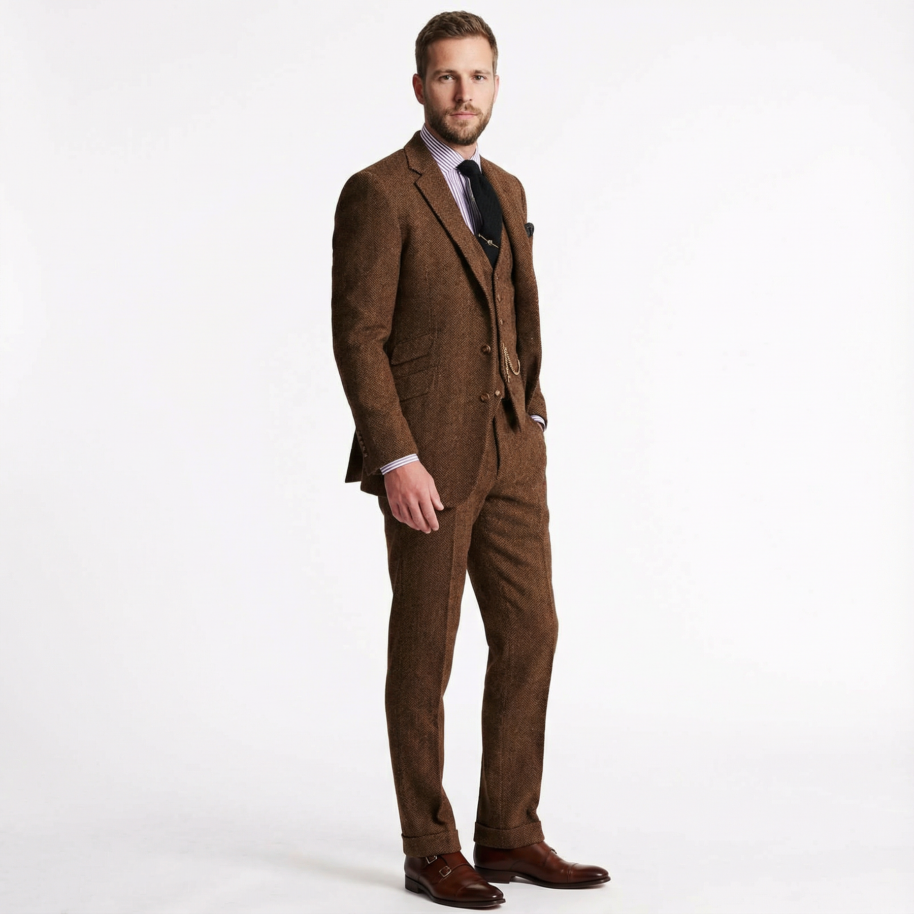 Herren Anzug – Tweed Dreiteiler mit Fischgrätmuster
