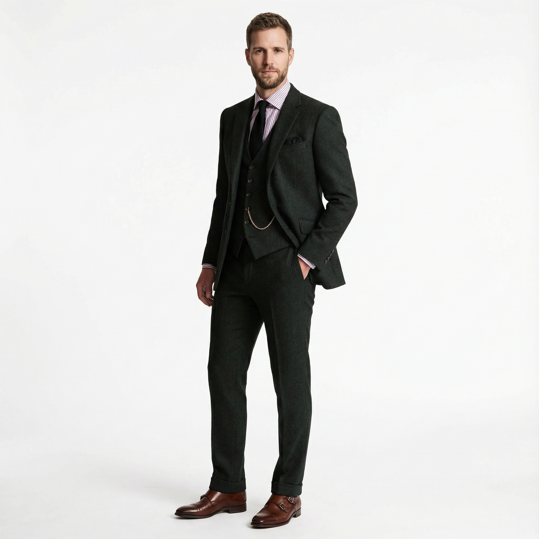 Herren Anzug – Tweed Dreiteiler mit Fischgrätmuster