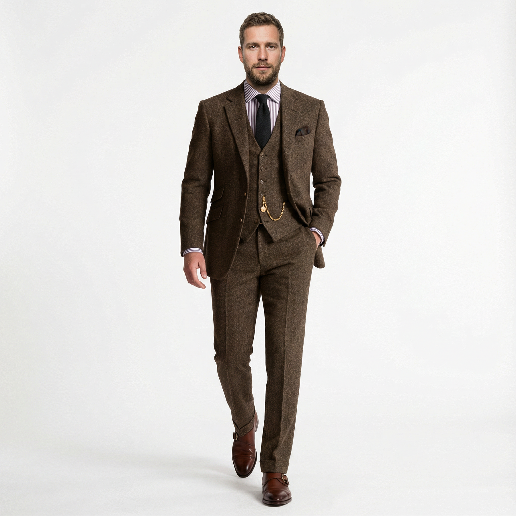 Herren Anzug – Tweed Dreiteiler mit Fischgrätmuster