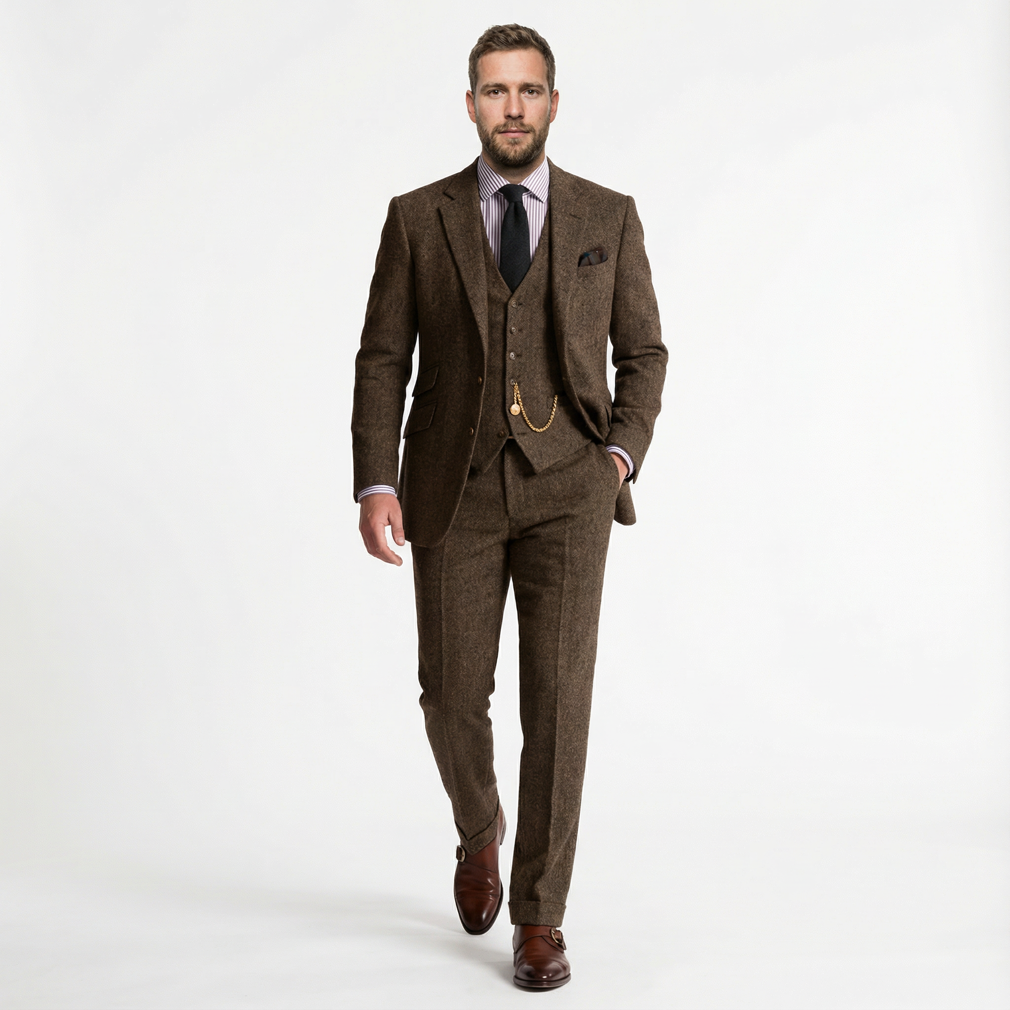 Herren Anzug – Tweed Dreiteiler mit Fischgrätmuster