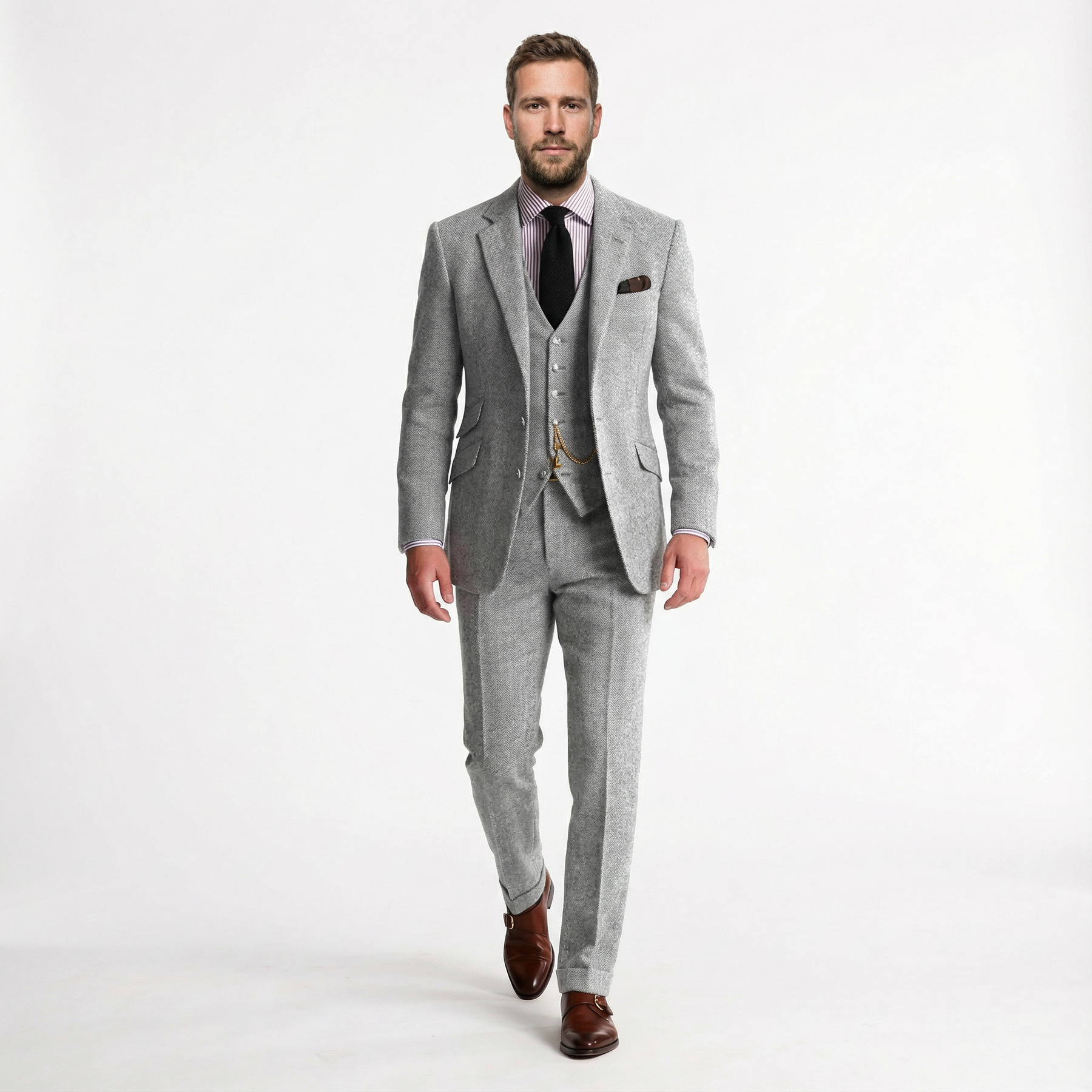 Herren Anzug – Tweed Dreiteiler mit Fischgrätmuster