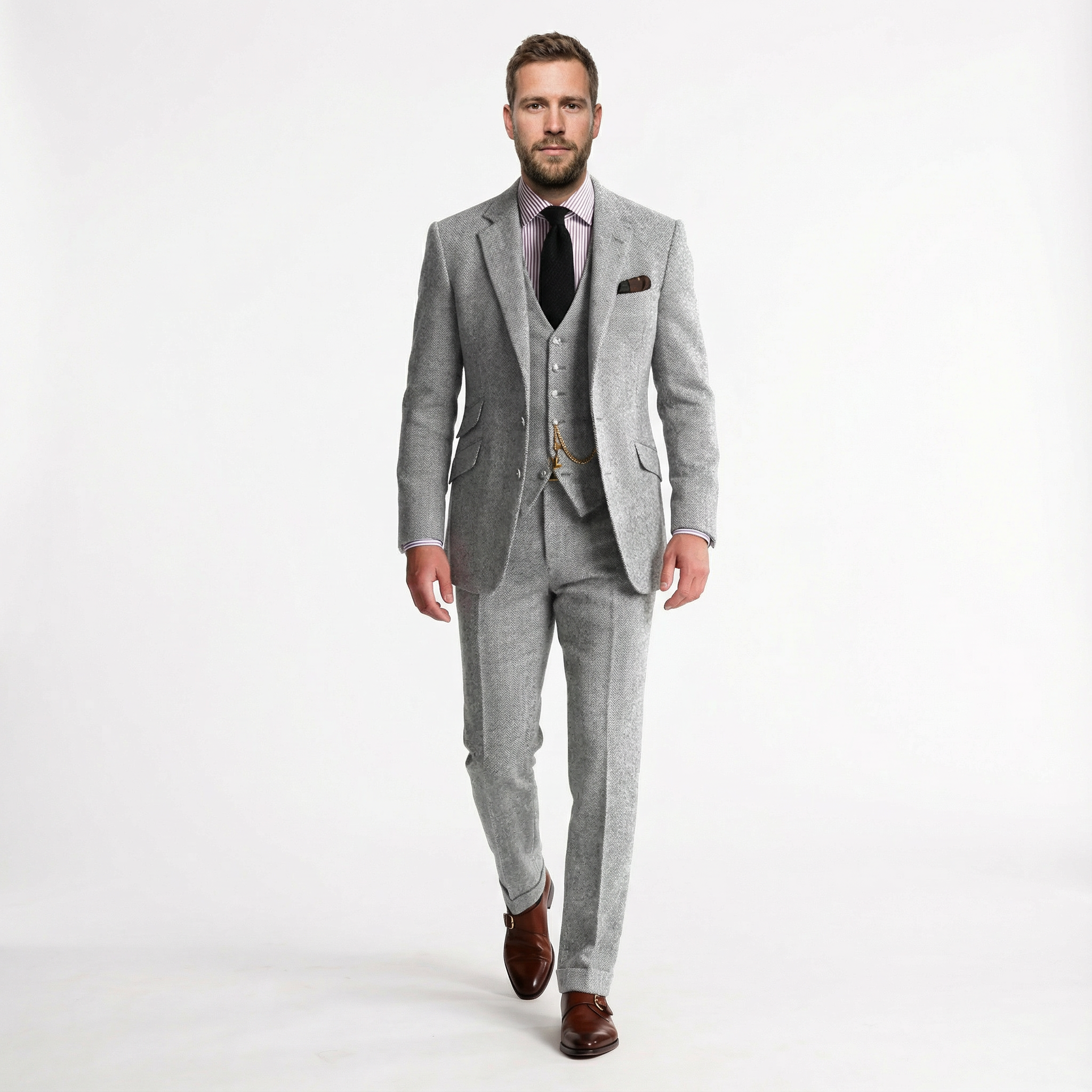 Herren Anzug – Tweed Dreiteiler mit Fischgrätmuster