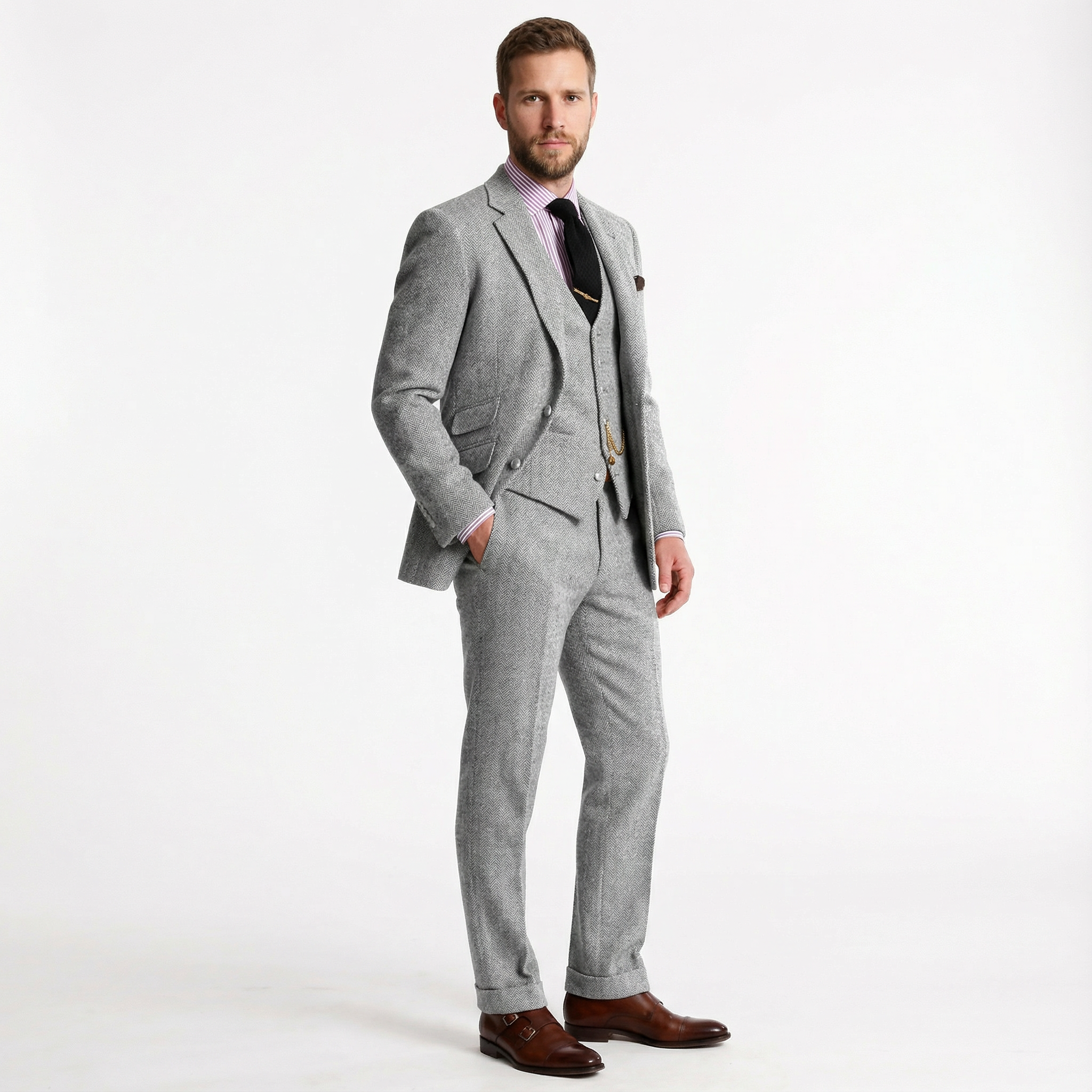 Herren Anzug – Tweed Dreiteiler mit Fischgrätmuster