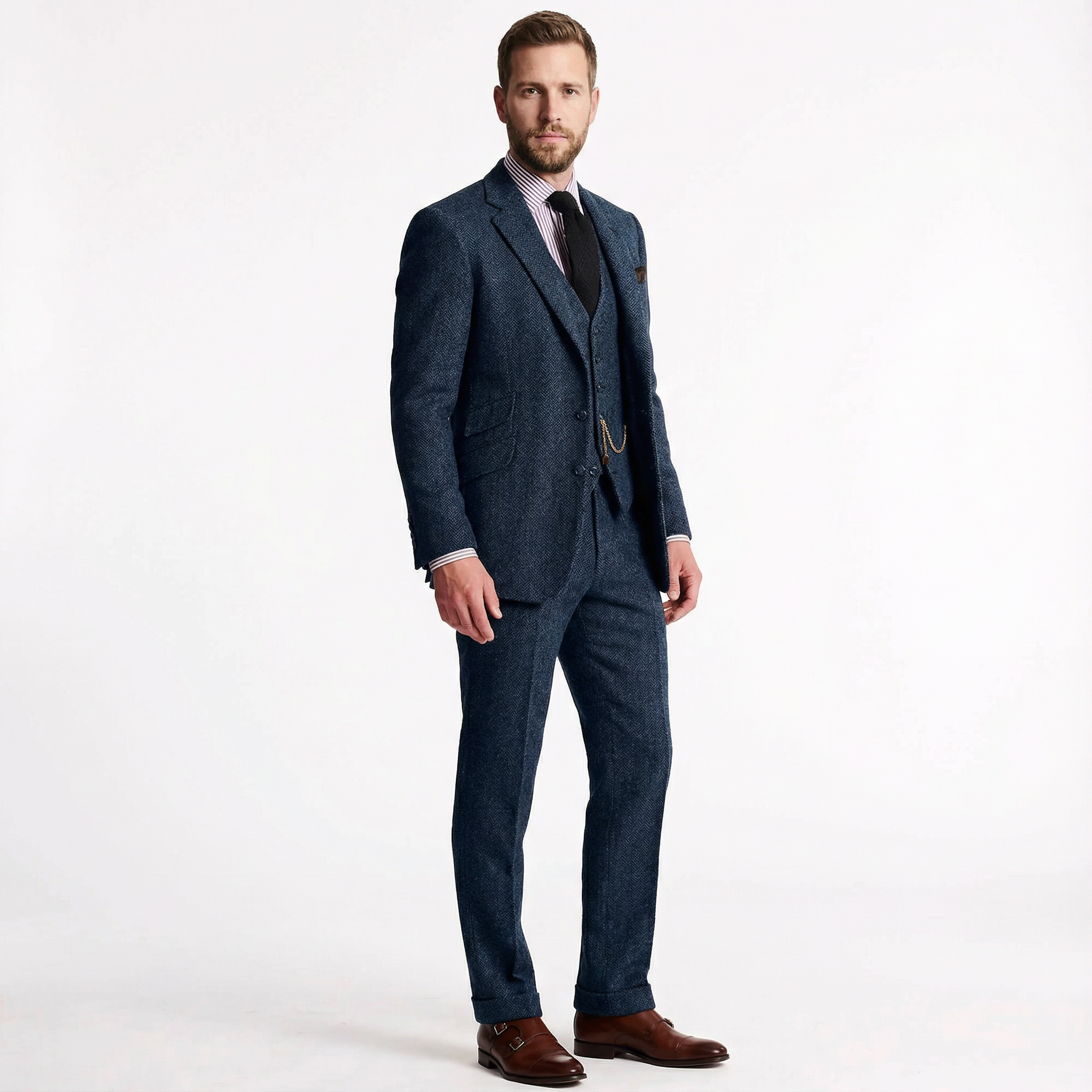 Herren Anzug – Tweed Dreiteiler mit Fischgrätmuster