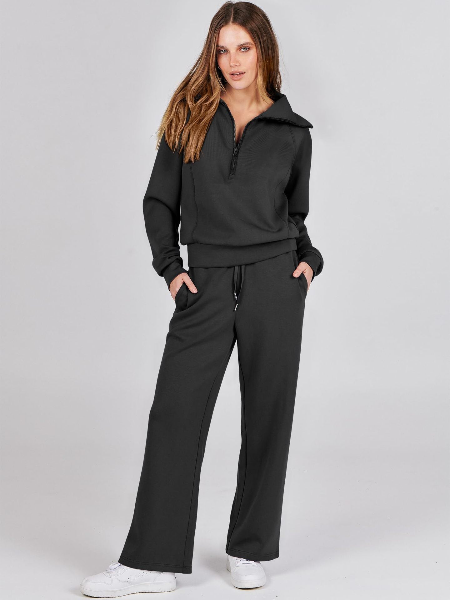 Damen Casual Set mit Zipper-Pullover und Weiter Hose