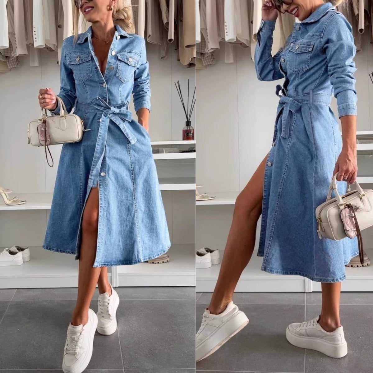 Emily | Damen Maxi-Jeanskleid mit Langarm