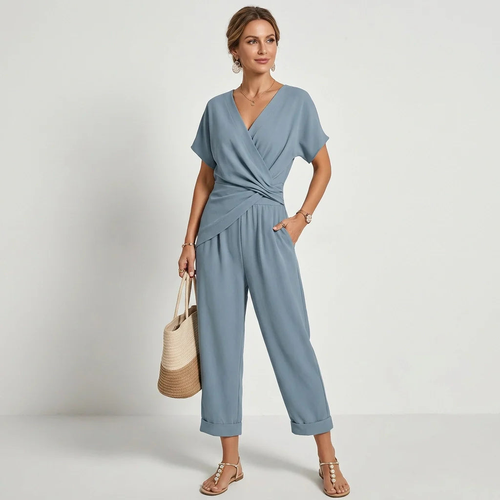 Damen 2-Teiler mit Weiter Hose & Kurzarm-Wickeloberteil