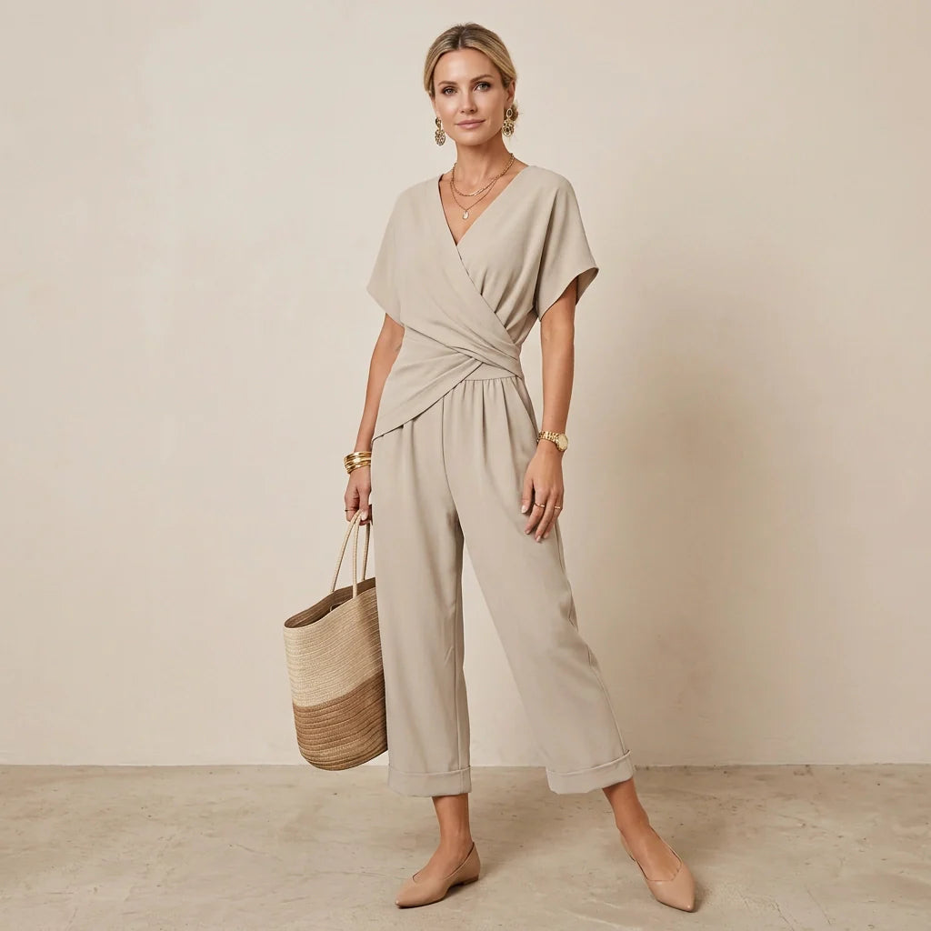 Damen 2-Teiler mit Weiter Hose & Kurzarm-Wickeloberteil